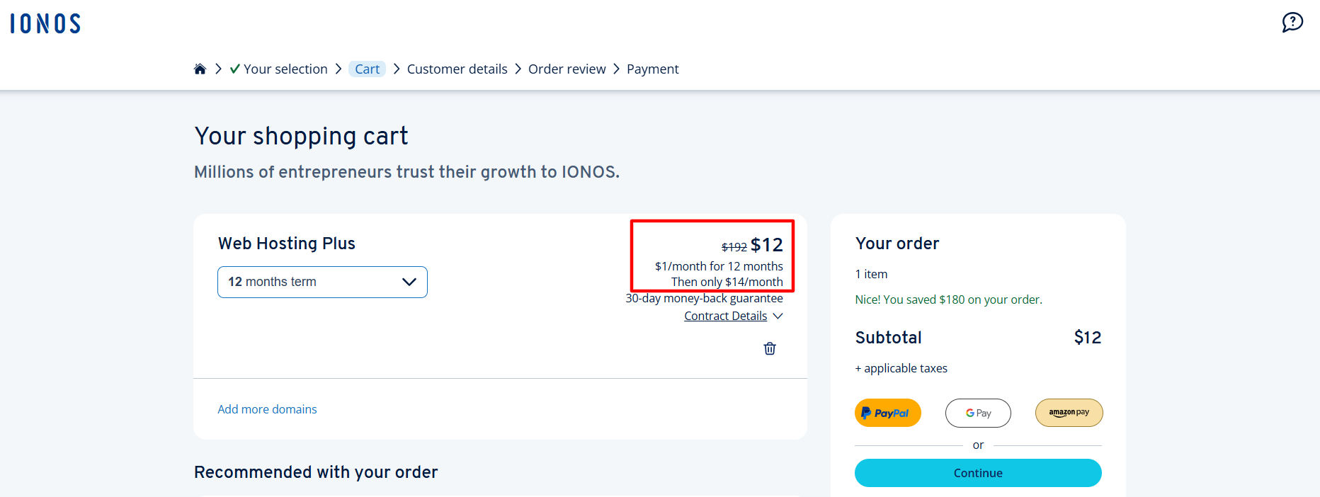 IONOS hosting pricing page showing the $1 per month introductory deal