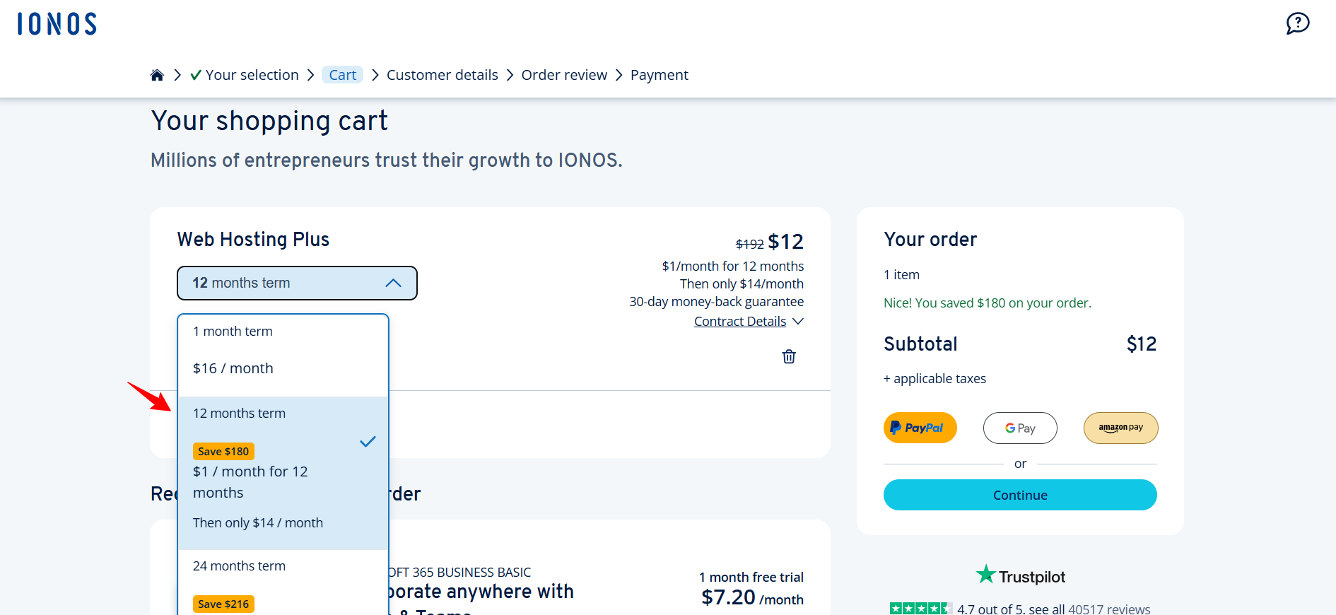 IONOS signup flow showing the 1 year term selection for the $1 per month offer