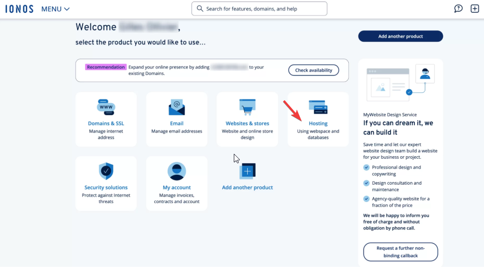 IONOS Website with highlighted the Hosting button