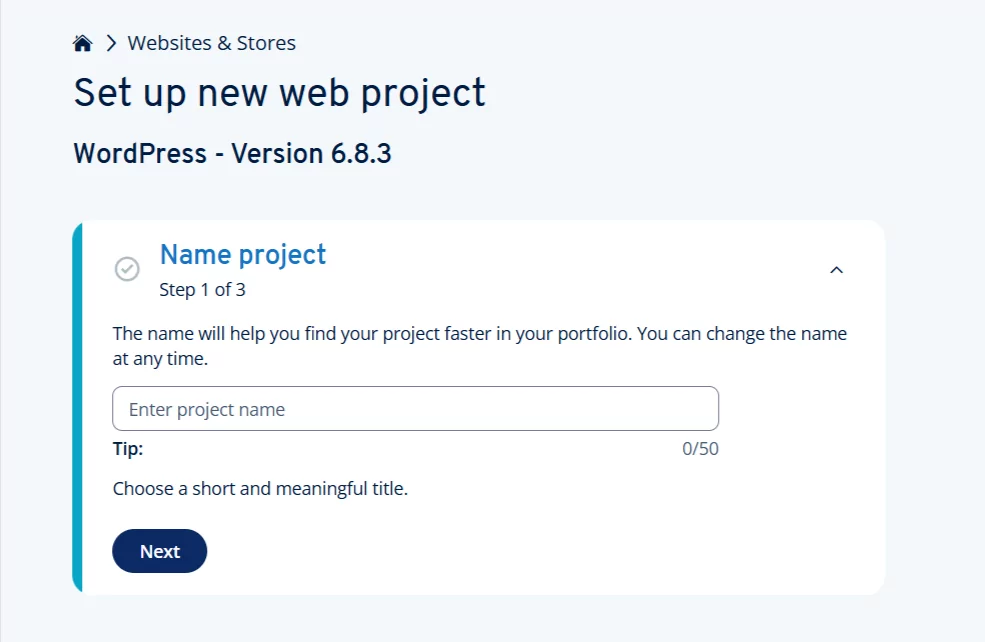 IONOS WordPress installation setup with project name, admin credentials, and domain selection