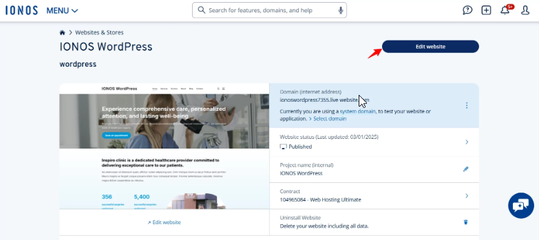 IONOS Websites & Stores section with Edit website option for WordPress