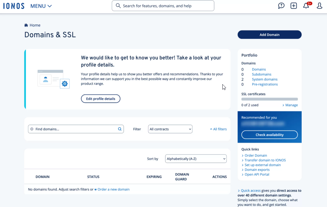 IONOS Domains & SSL page listing active domains