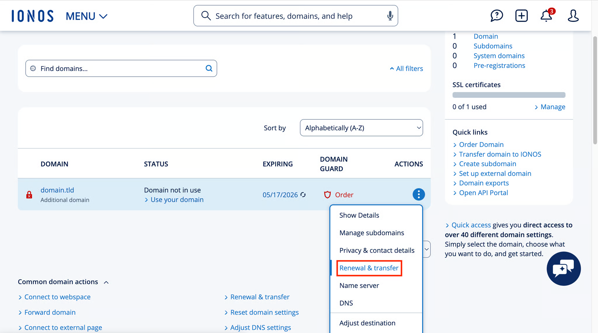 IONOS domain actions menu with DNS option