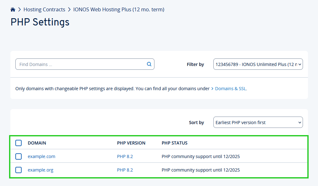 IONOS PHP settings page for changing PHP versions