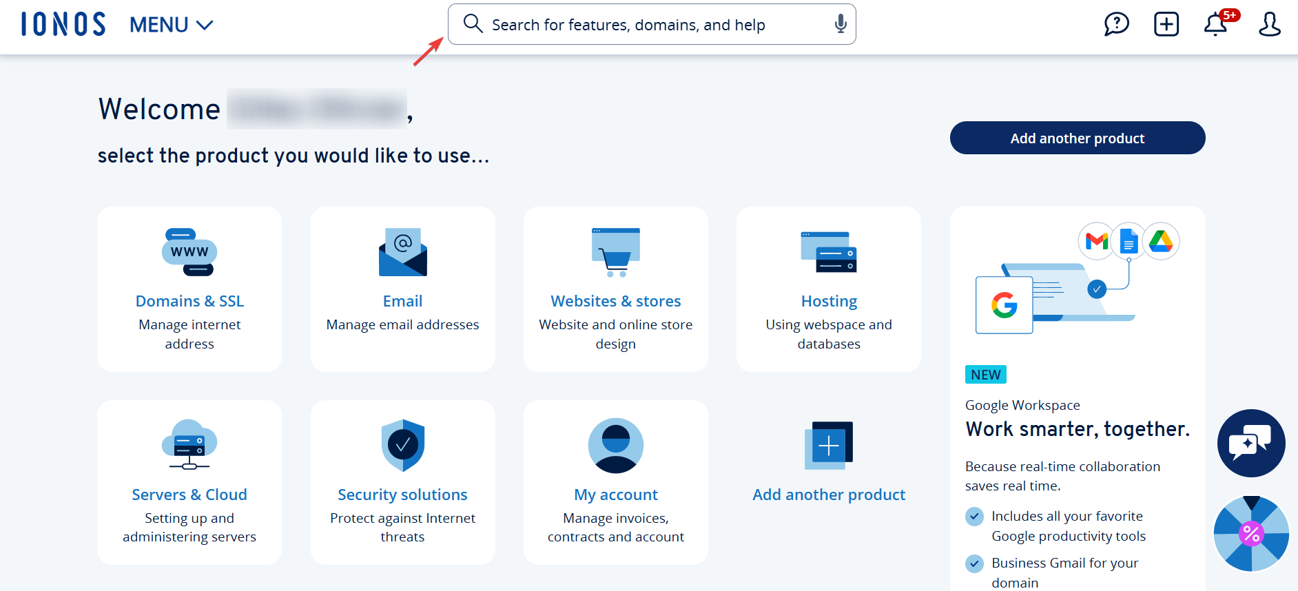 IONOS control panel search bar showing feature shortcuts