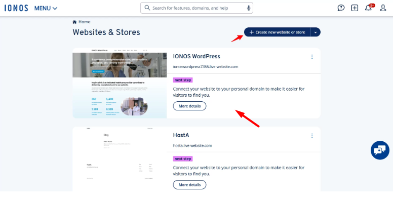 IONOS WordPress project page with Open WordPress link