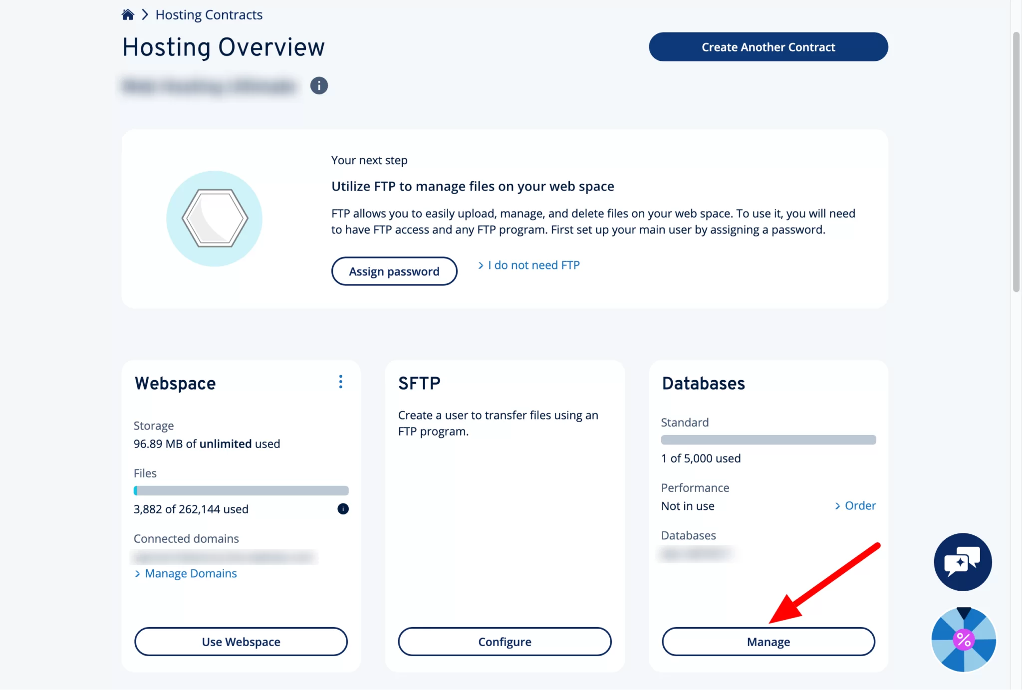IONOS Hosting section showing web space, databases, SFTP, SSH, and PHP settings