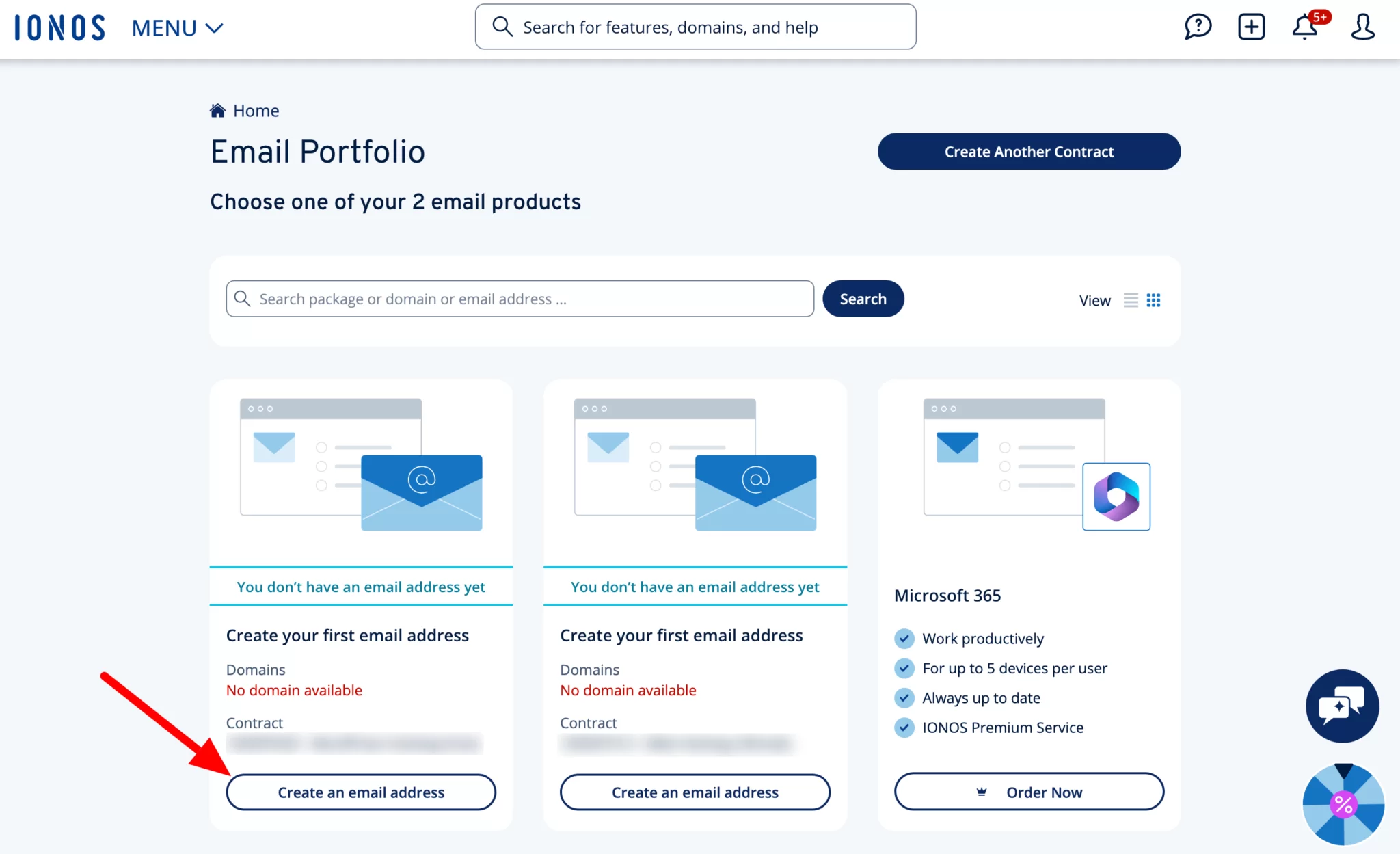 IONOS Email section in the control panel
