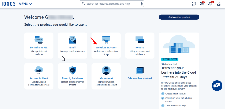 IONOS create new website or store page