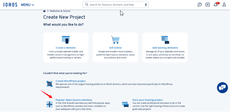 IONOS Click & Build project creation page with popular open source solutions