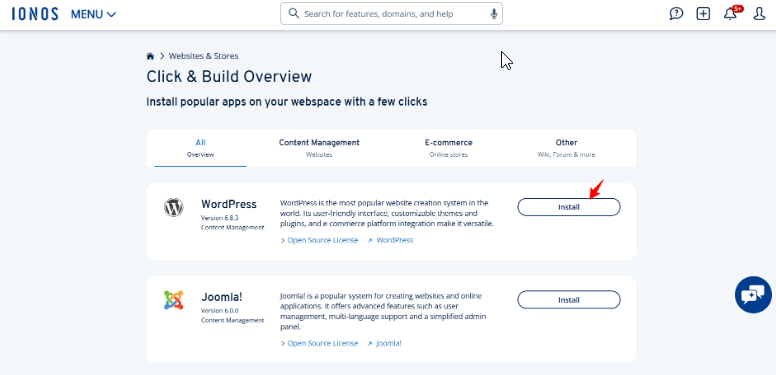 IONOS Click & Build application list showing WordPress install option