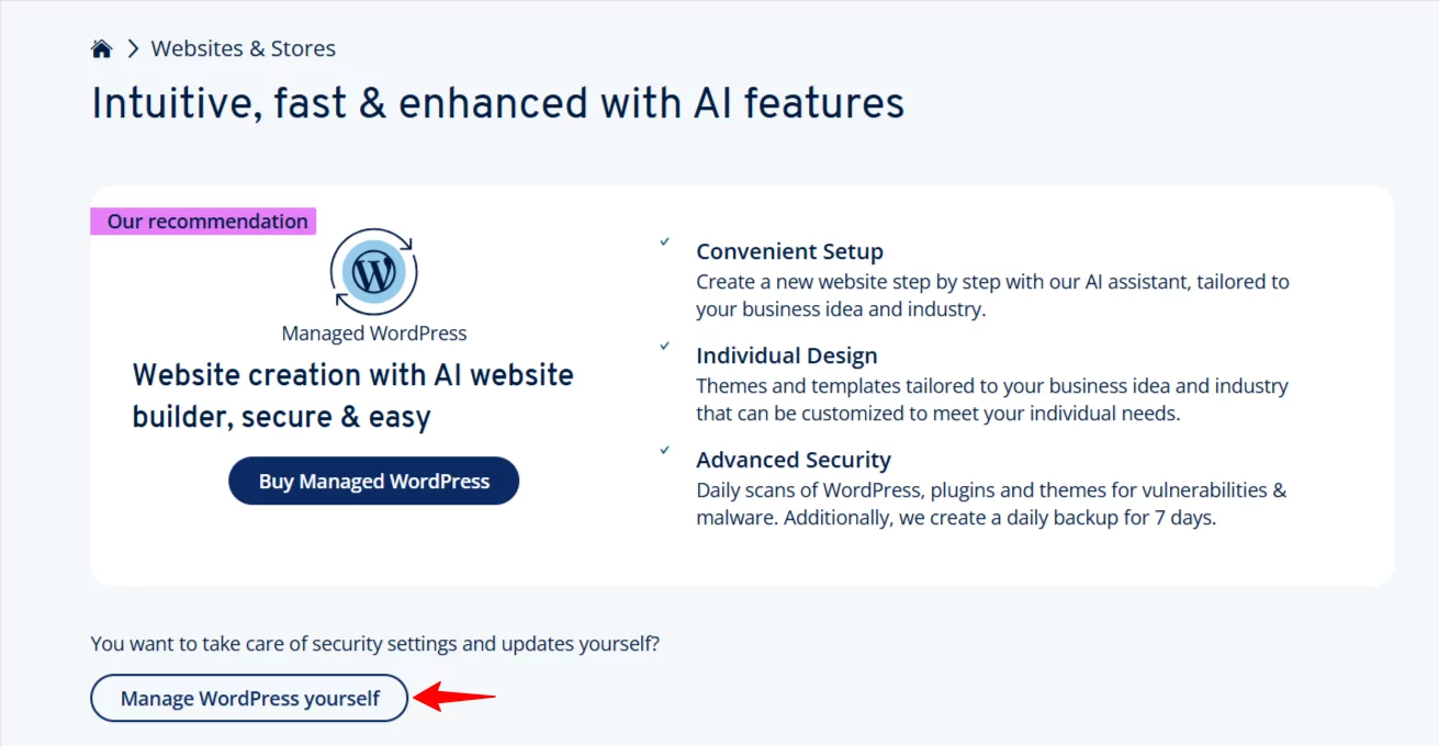 IONOS WordPress setup options showing managed and self-managed choices