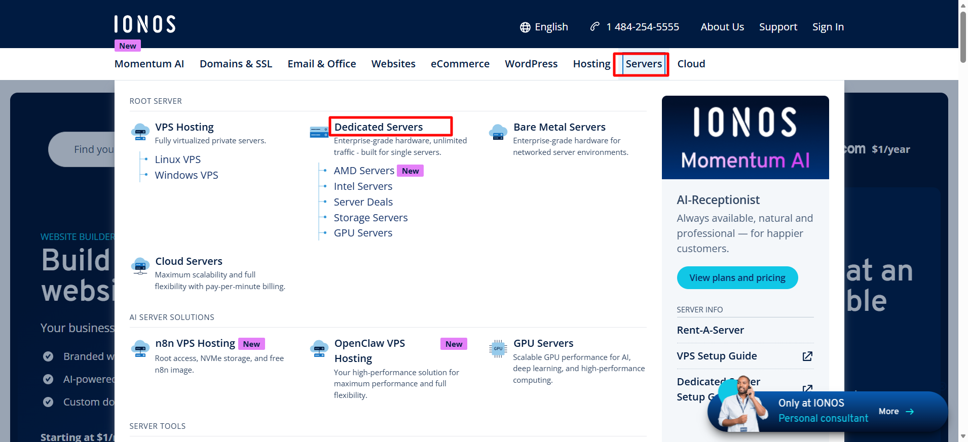 IONOS navigation menu with Dedicated Servers highlighted under the Servers tab.