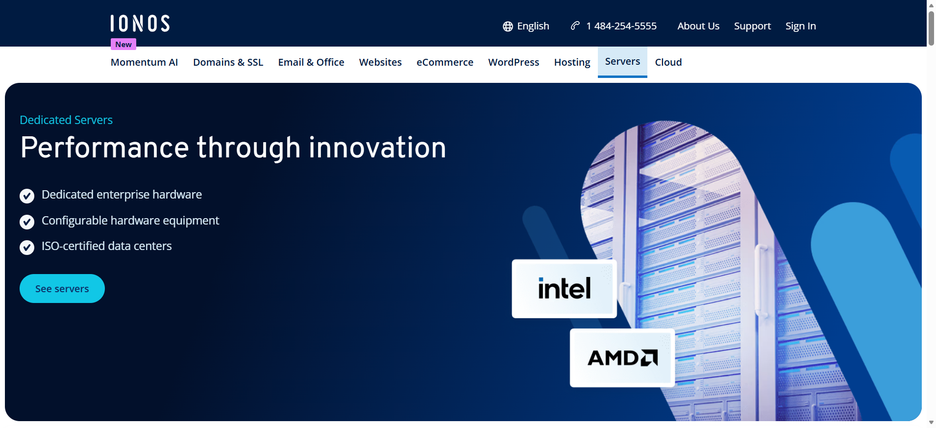 IONOS Dedicated Servers landing page with Intel and AMD processor options prominently featured.