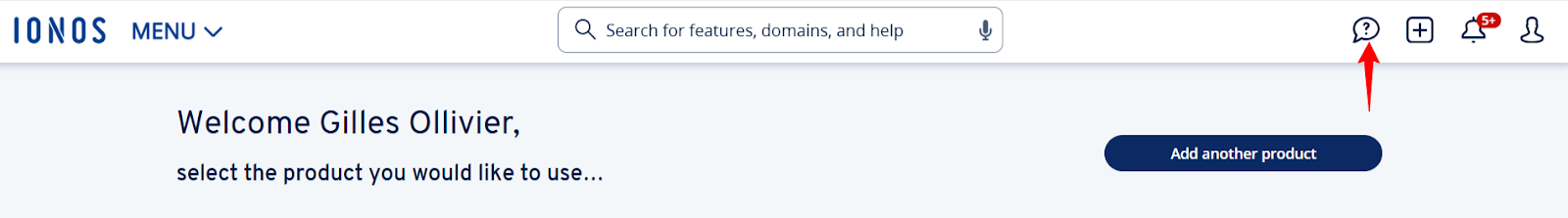screenshot of IONOS website 'Support' button