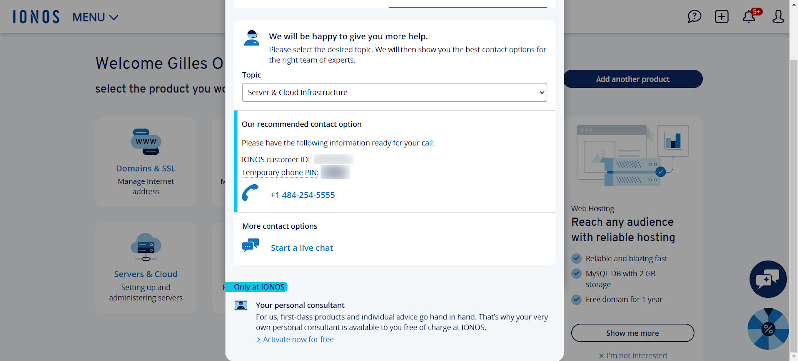 screenshot of IONOS website 'Support' window
