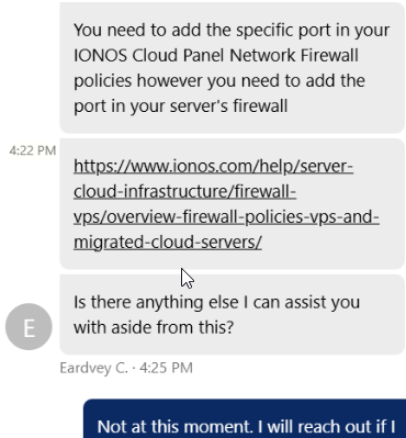 screenshot of IONOS Live Chat conversation