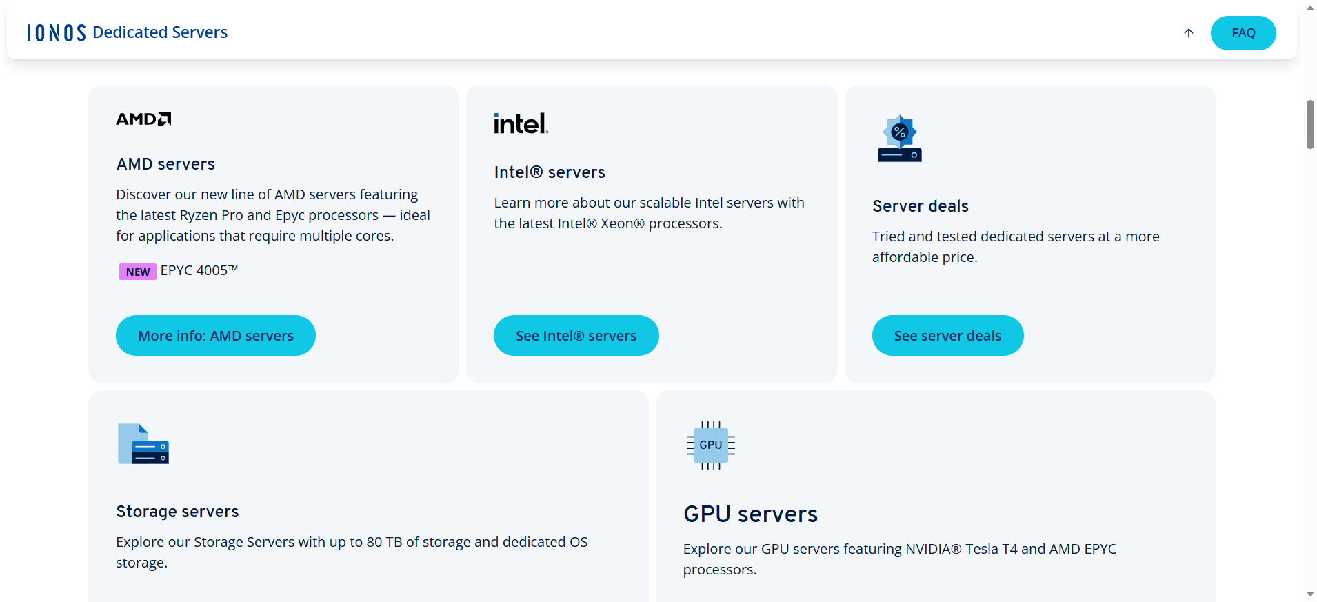 The five dedicated server categories: AMD, Intel, Server Deals, Storage, and GPU.