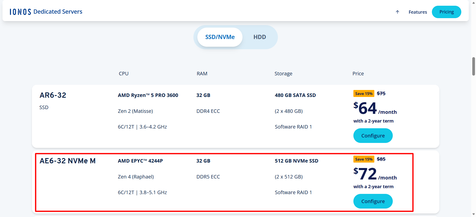 screenshot of Dedicated Server Hosting plan
