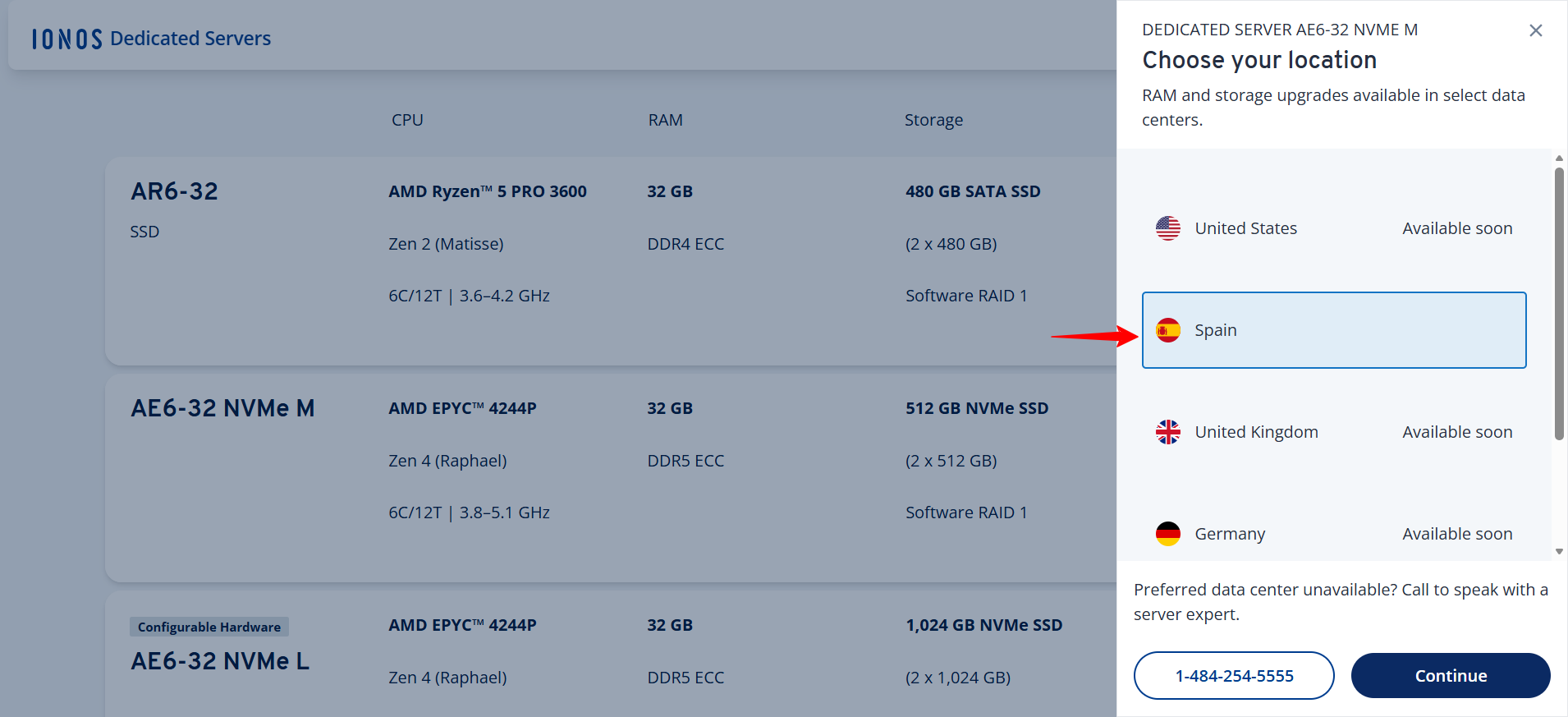screenshot of Dedicated Server locations