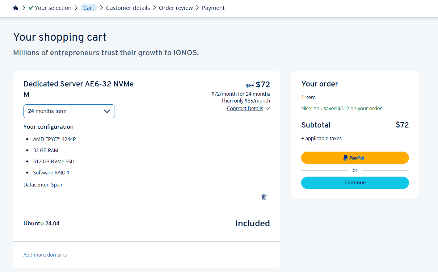 screenshot of IONOS shopping cart