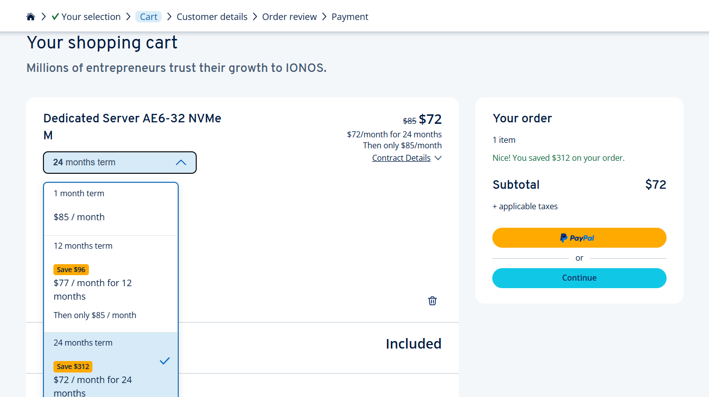 screenshot of IONOS shopping cart 