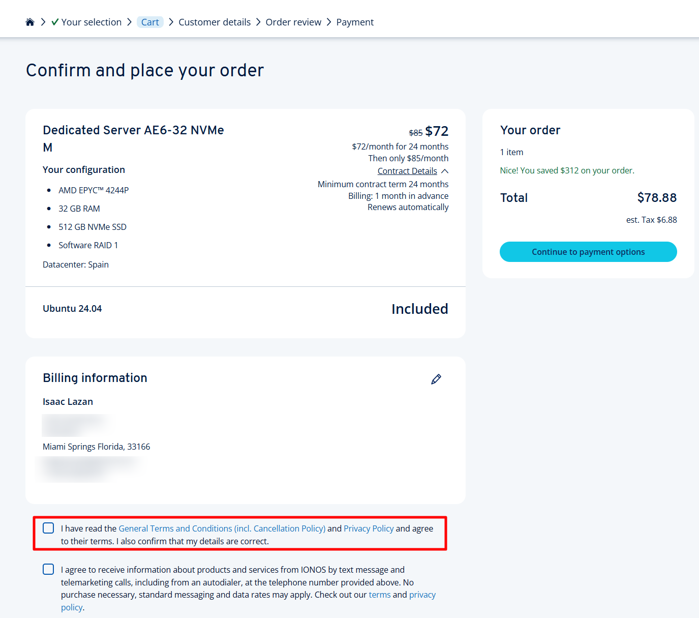 screenshot of IONOS checkout