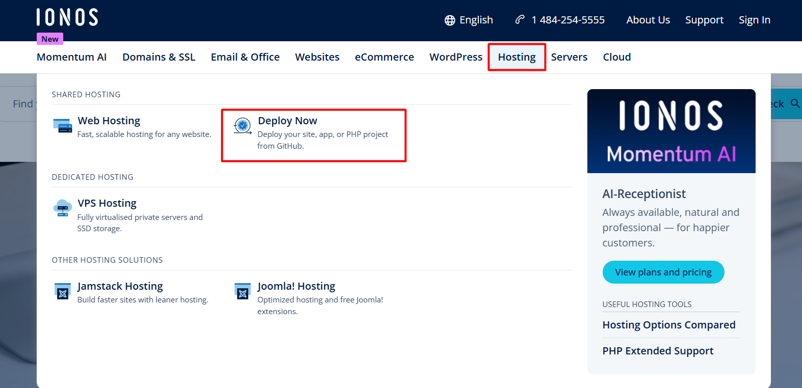 screenshot of IONOS website 'Deploy Now' button