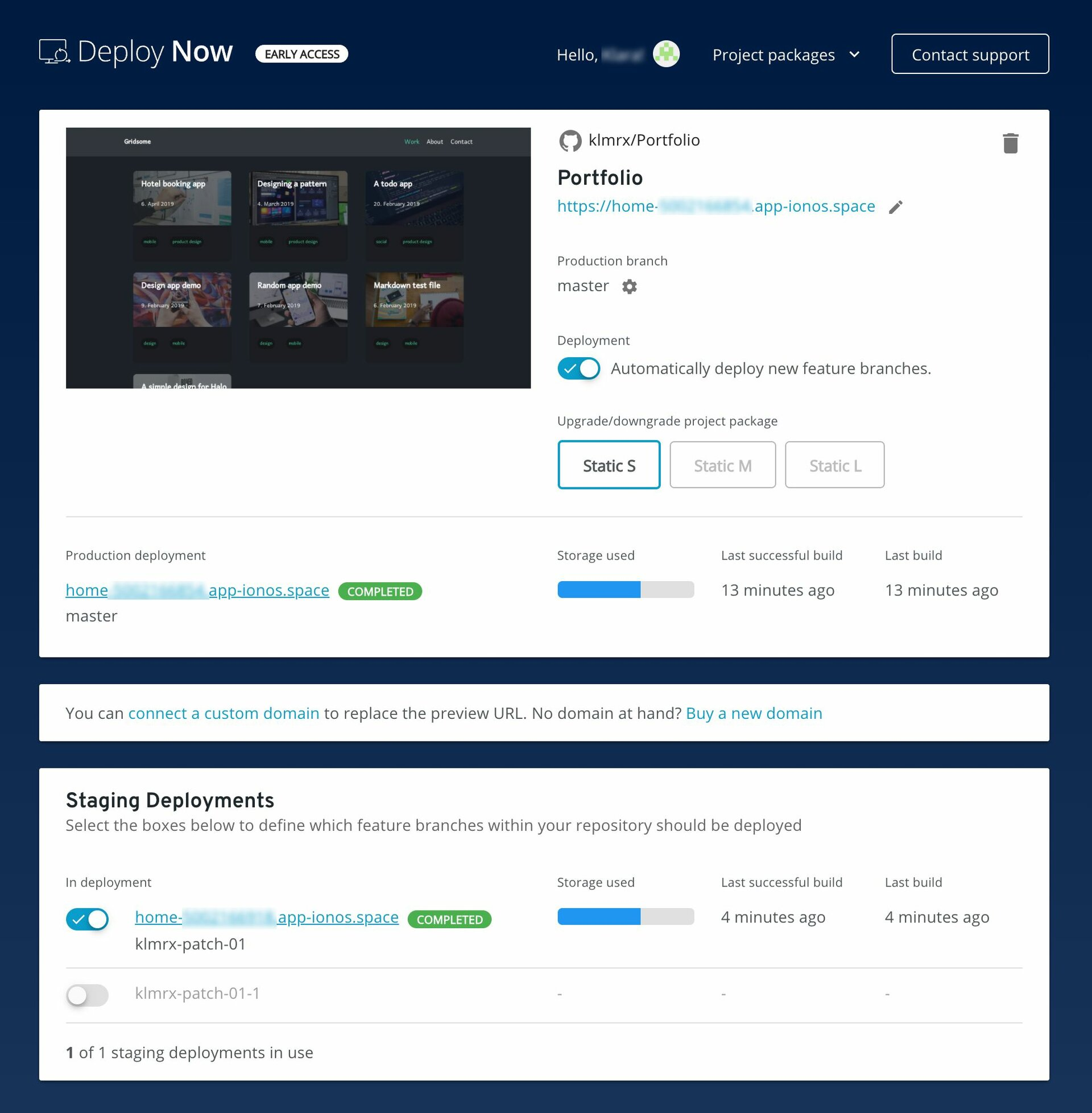 screenshot of IONOS 'Staging Deployments' menu