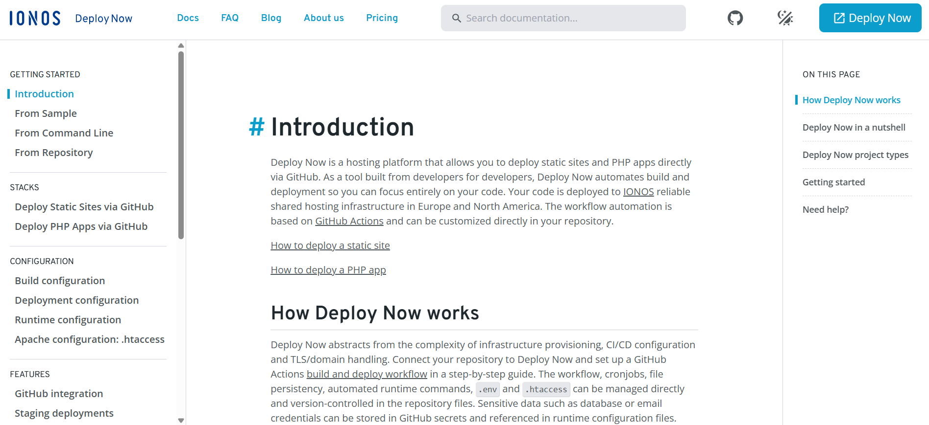 screenshot of IONOS 'Deploy Now' Introduction article