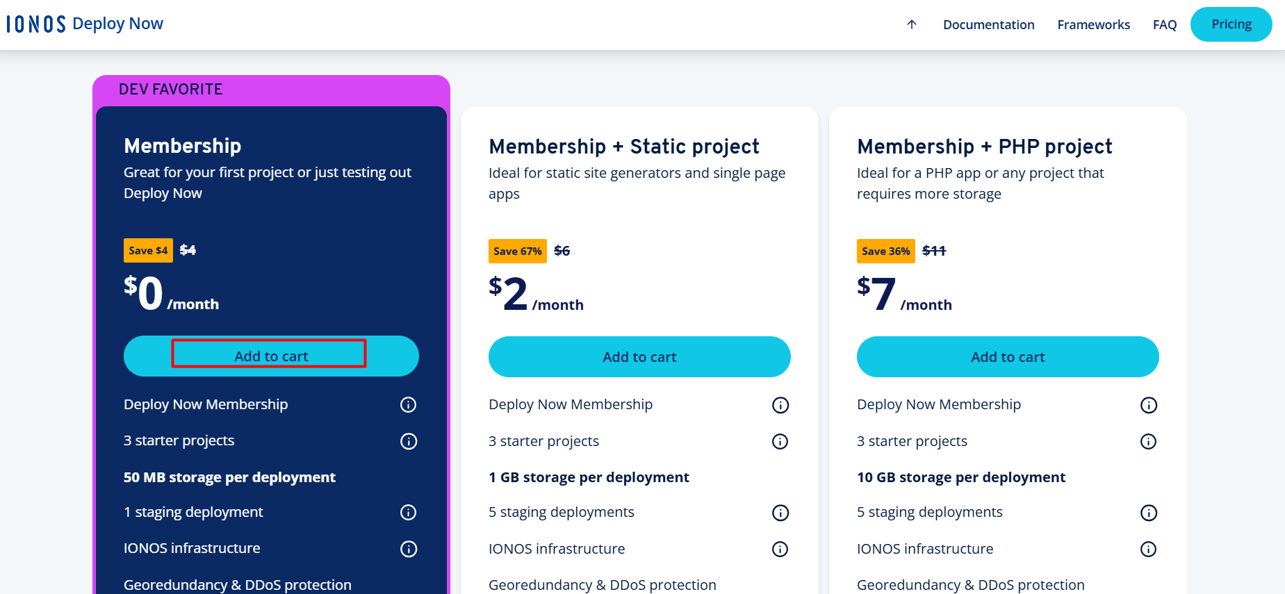 screenshot of IONOS website Deploy Now hosting plans