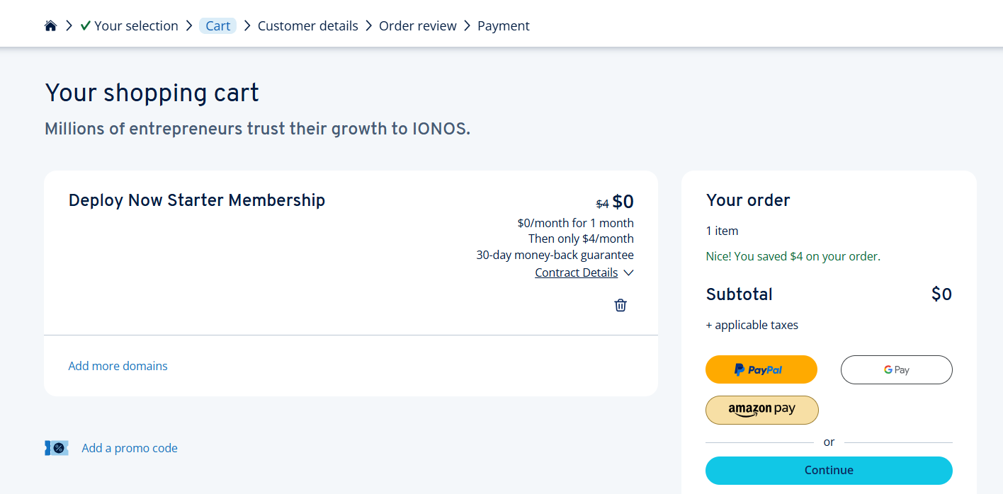 screenshot of IONOS Payment methods