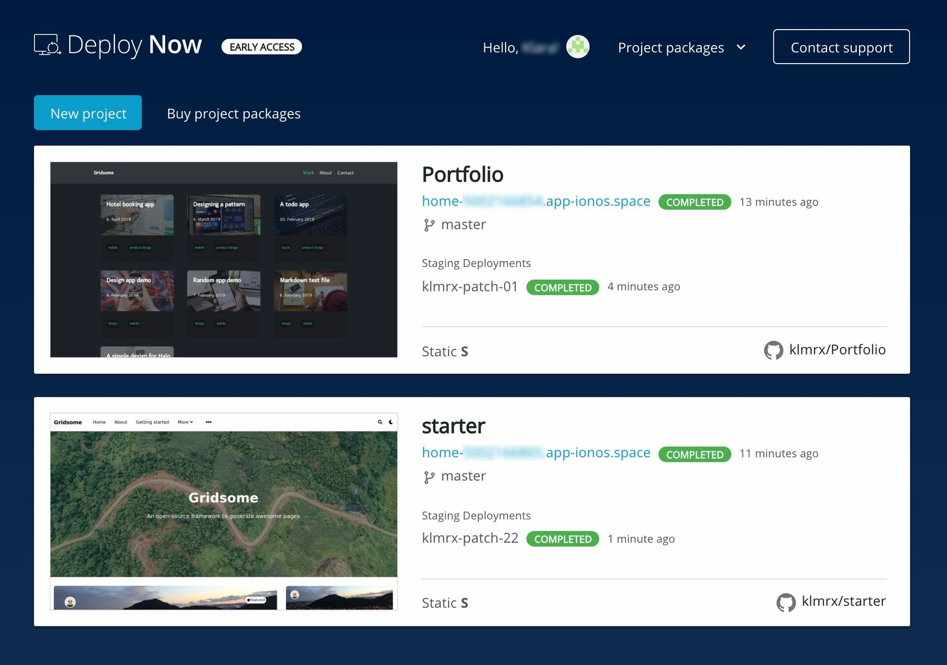screenshot of IONOS 'Projects' window