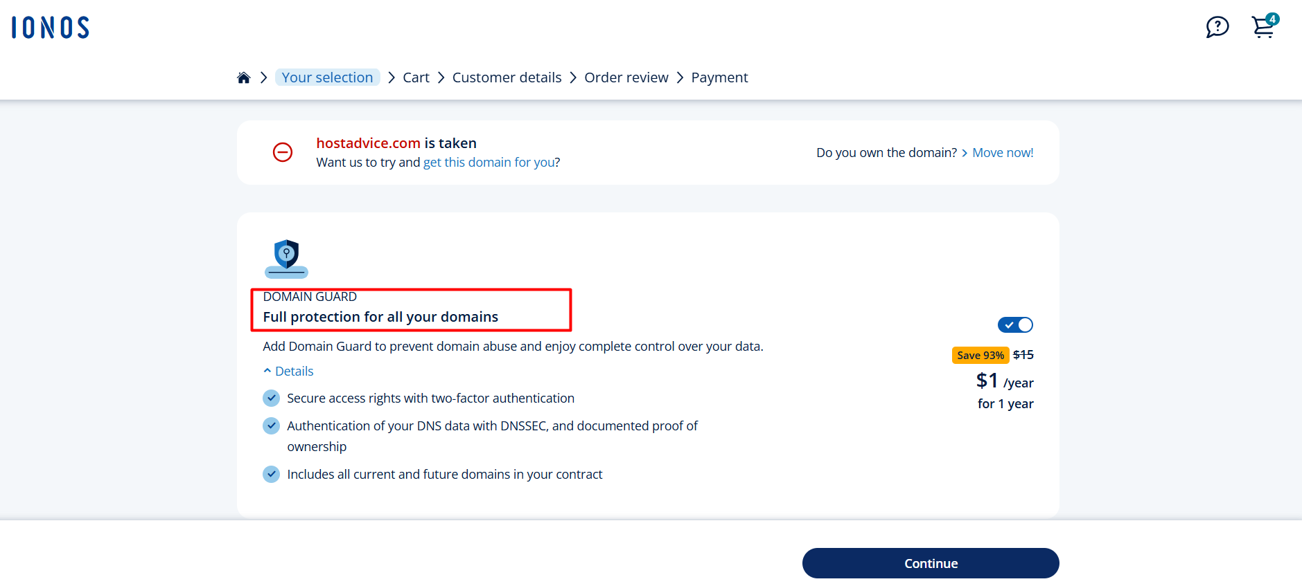 IONOS Domain Guard upsell and pricing screen