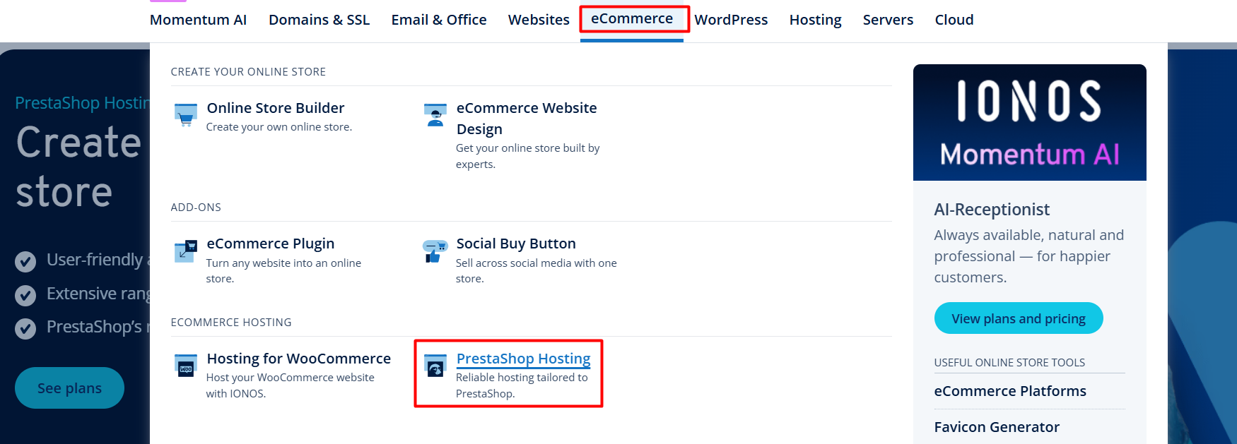 screenshot of IONOS website PrestaShop button