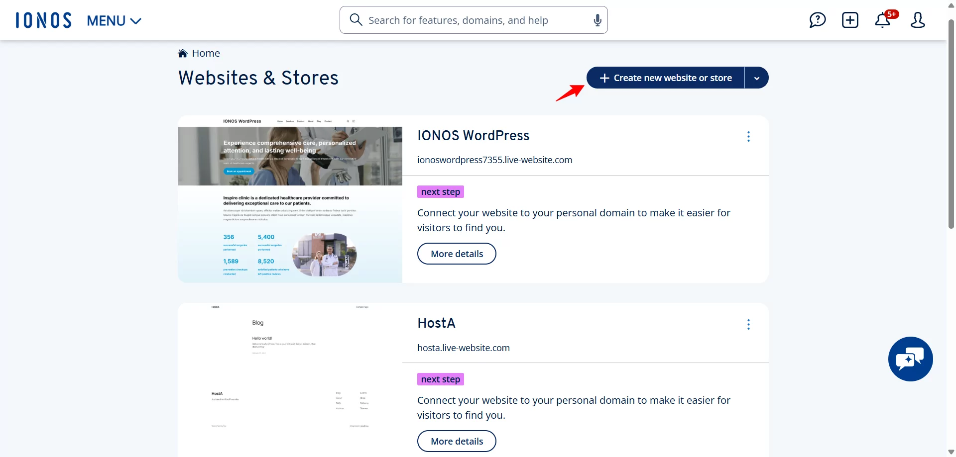 screenshot of IONOS Websites & Stores page