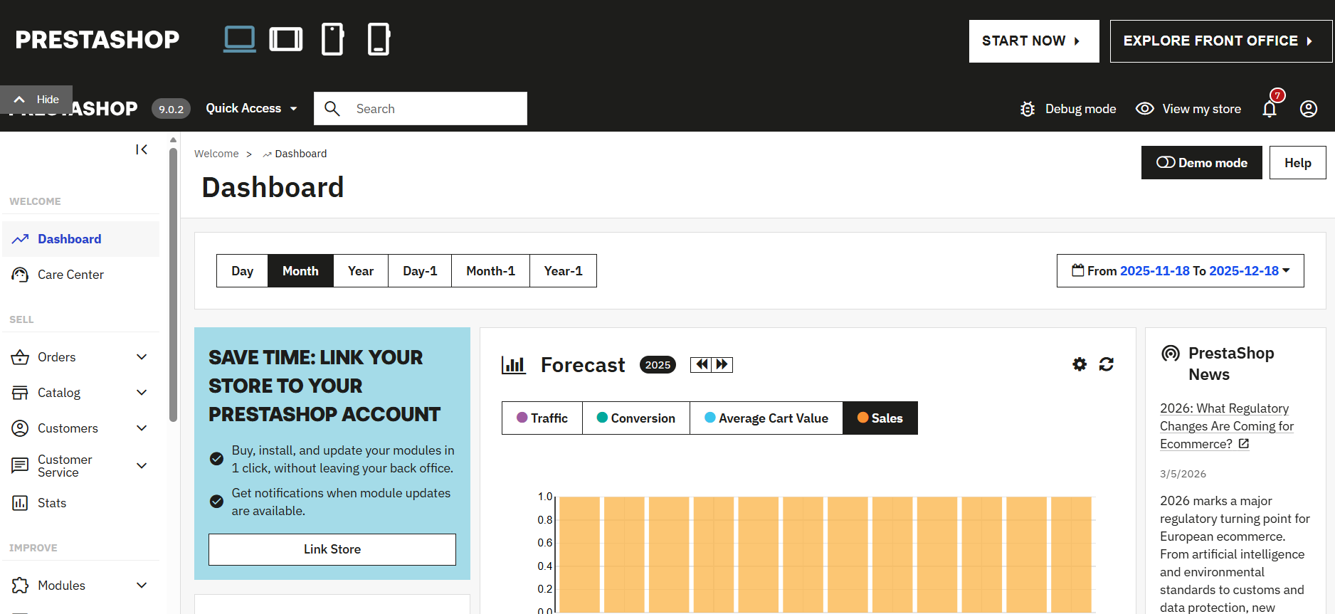 screenshot of PrestaShop dashboard