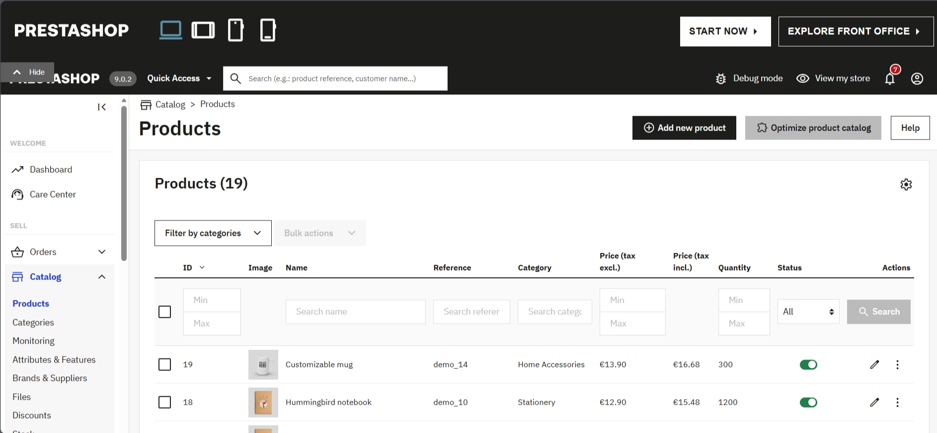 screenshot of PrestaShop dashboard 'Products' tab