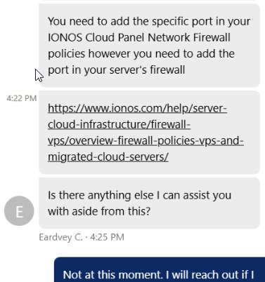 screenshot of IONOS live chat conversation
