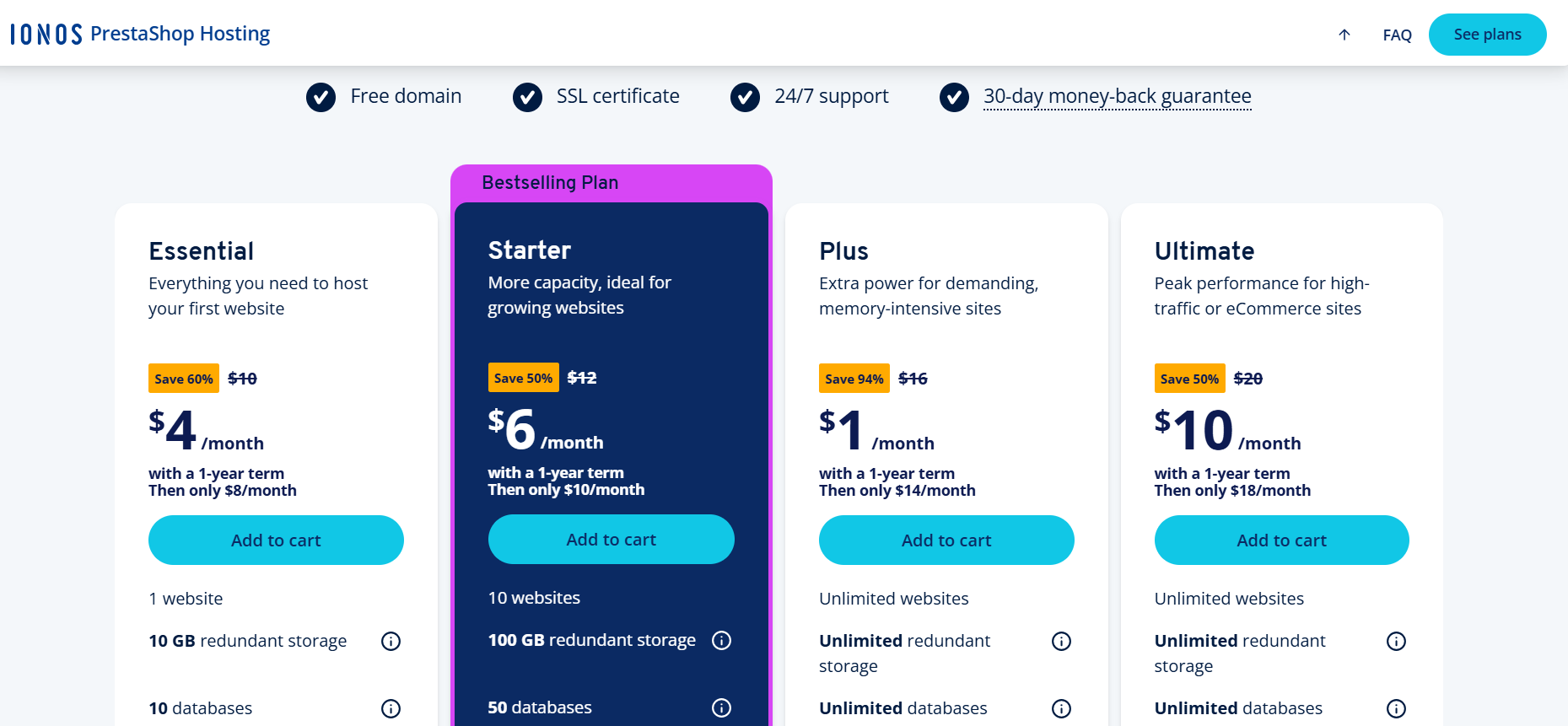 screenshot of IONOS website PrestaShop hosting plans