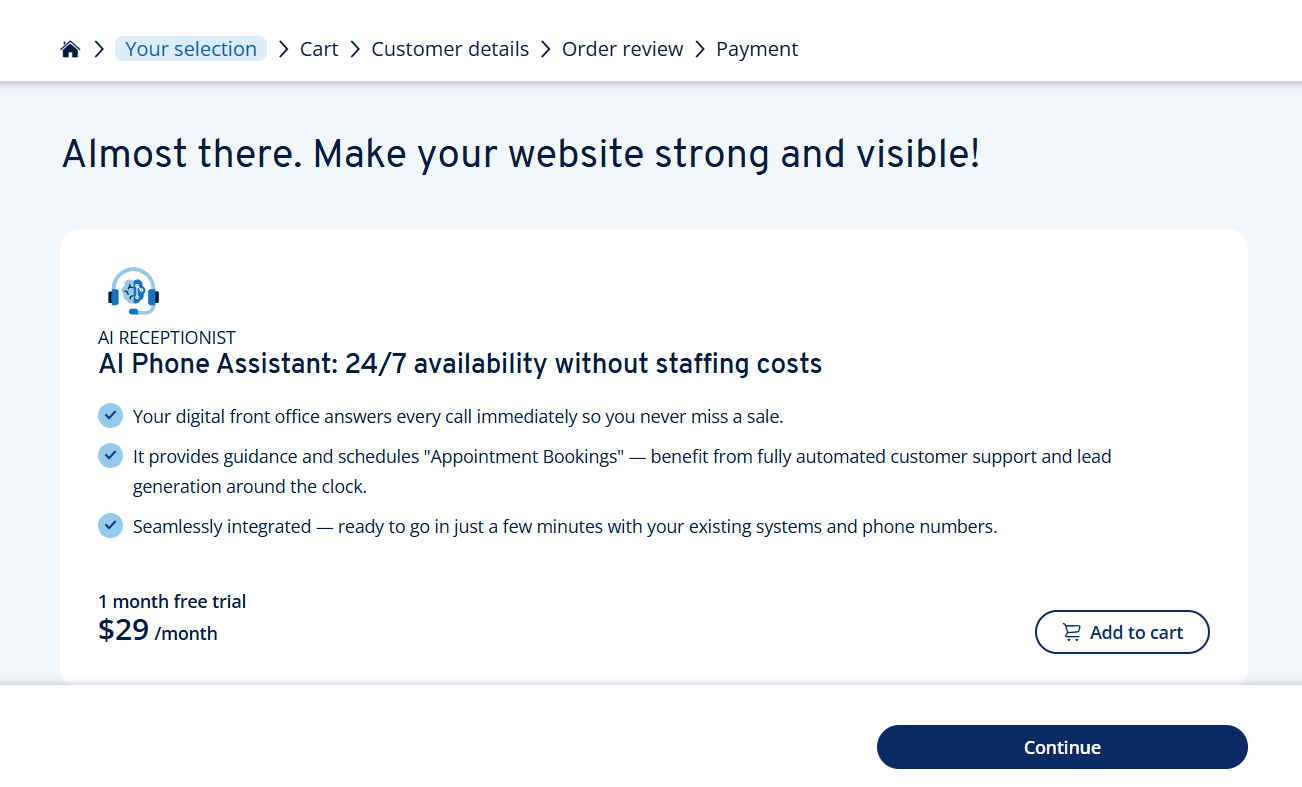 screenshot of IONOS website AI Receptionist option