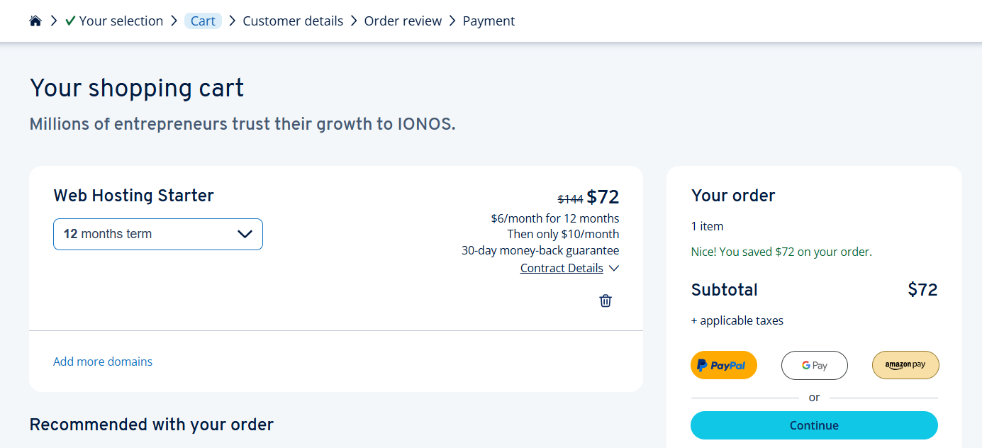screenshot of IONOS shopping cart