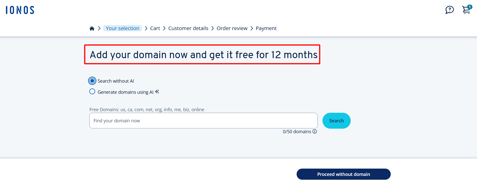 IONOS checkout showing a free domain offer included with a qualifying plan
