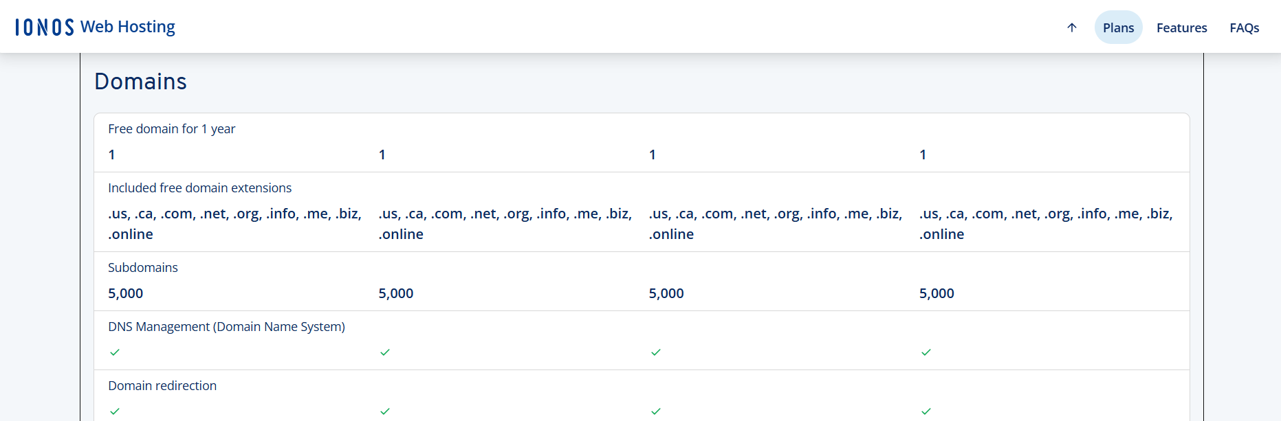 IONOS web hosting plans showing one free domain for the first year