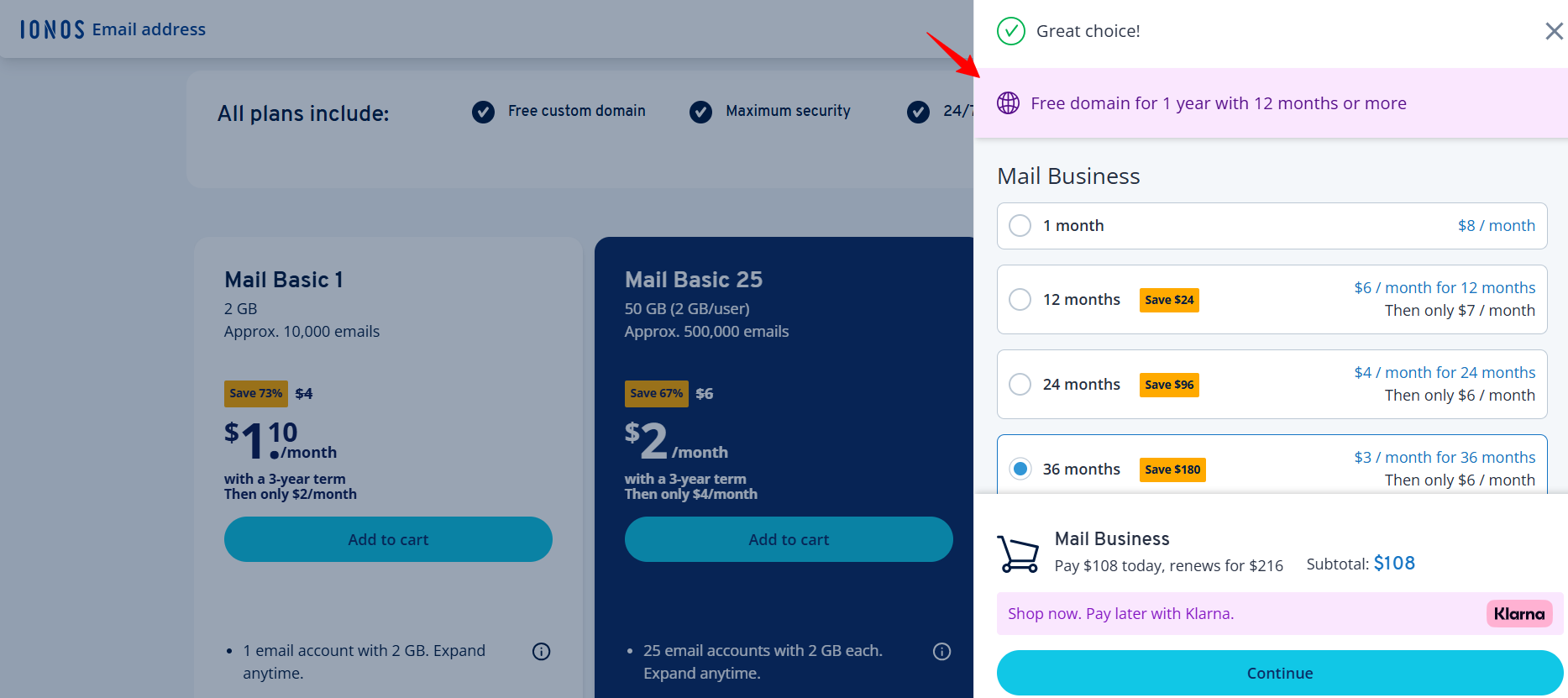 IONOS email plans showing a free custom domain included with eligible plans