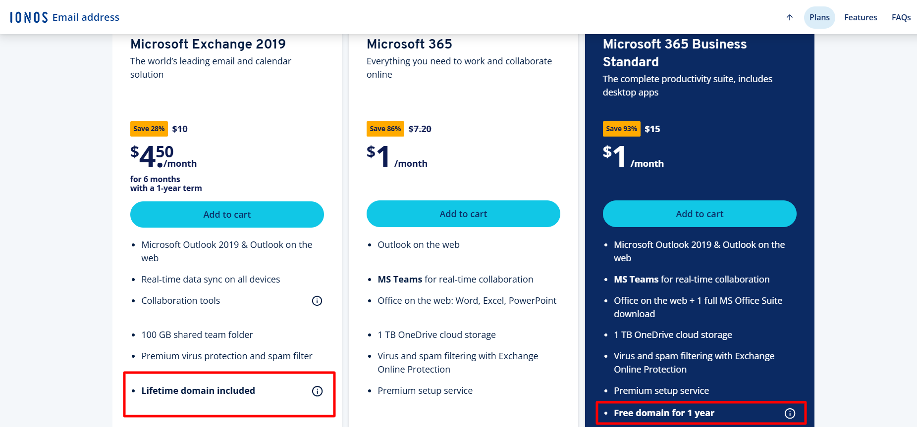 IONOS Microsoft Exchange 2019 plan showing lifetime domain included