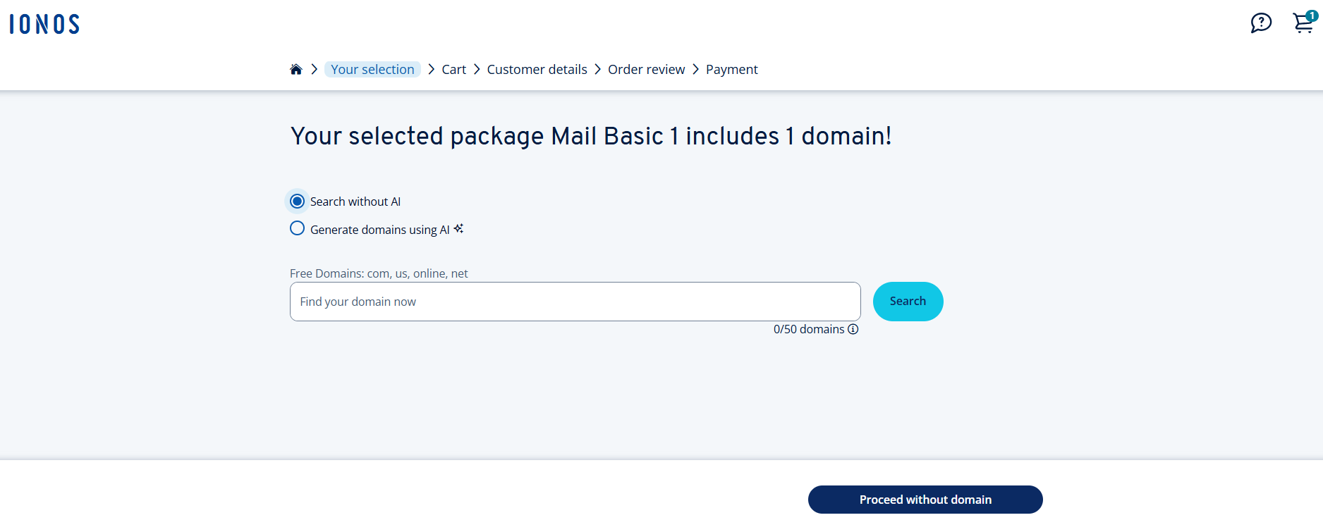 IONOS domain search during checkout showing how to claim a free domain