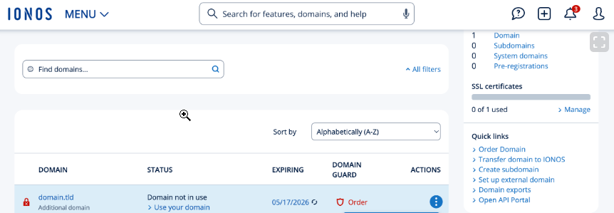 IONOS domain list showing available domains in the account