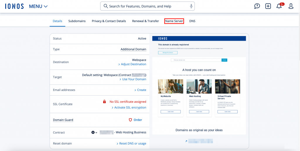 IONOS domain management page with the Name Server tab highlighted
