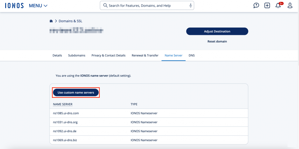 IONOS Name Server page showing the current nameservers and Use custom name servers button